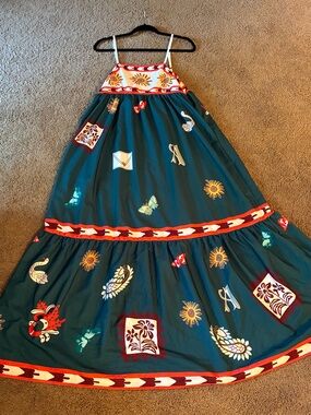 Teal Floral & Motif Sundress with Red Trim
